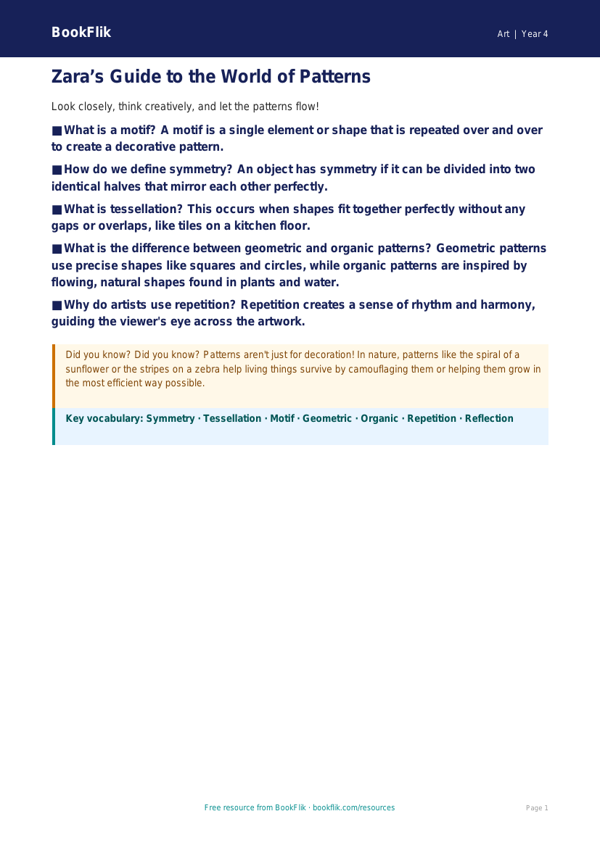 Pattern Poster for Class 4 Art | CBSE Curriculum | BookFlik worksheet preview — Art Pattern