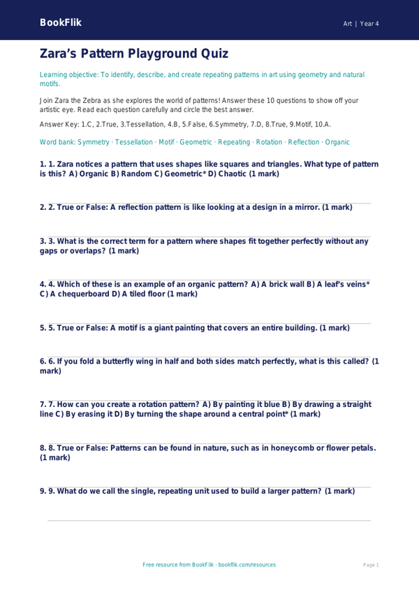 Free Pattern Quiz | Class 4 | Art | BookFlik worksheet preview — Art Pattern