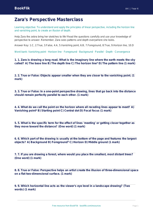 Perspective Drawing Quiz for Class 4 | Art CBSE | BookFlik worksheet preview — Art Perspective