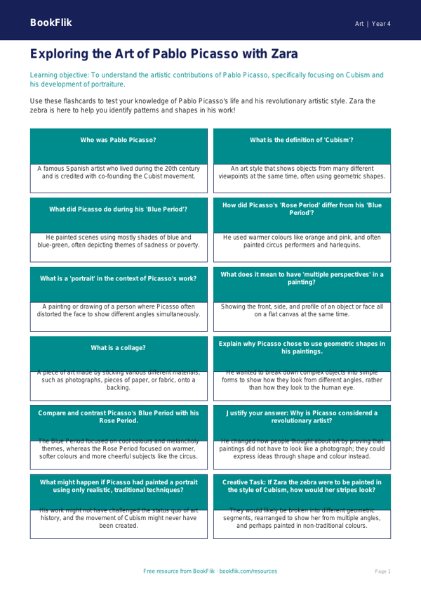 Picasso Flashcards for Class 4 | Art Education | BookFlik worksheet preview — Art Picasso