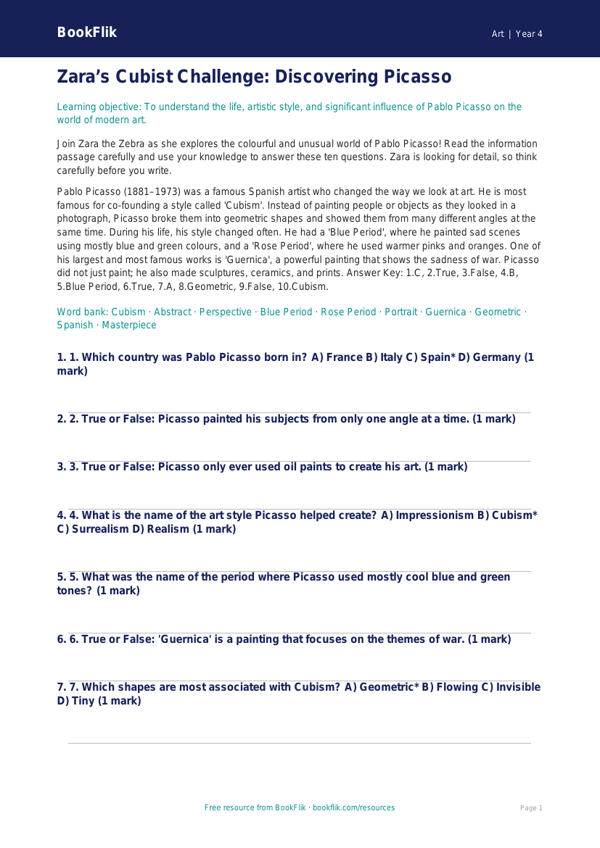 Picasso Art Quiz for Class 4 | CBSE Art Education | BookFlik worksheet preview — Art Picasso