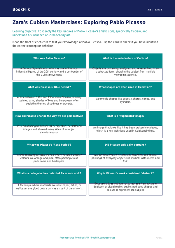Picasso Art Flashcards for Class 5 | CBSE Art Education worksheet preview — Art Picasso