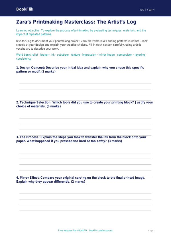 Printmaking Template for Class 4 | Art Lesson Plan | BookFlik worksheet preview — Art Printmaking