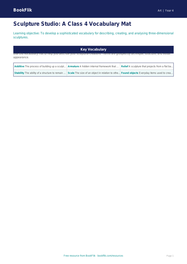 Free Sculpture Word Mat | Class 4 | Art | BookFlik worksheet preview — Art Sculpture