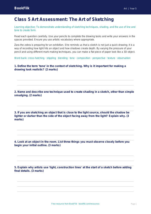 Free Sketching Assessment | Class 5 | Art | BookFlik worksheet preview — Art Sketching
