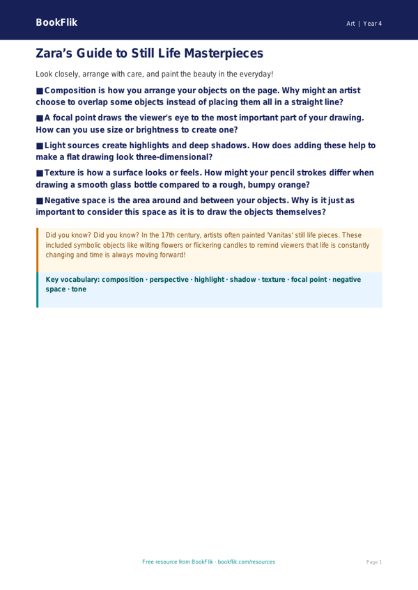 Free Still Life Poster | Class 4 | Art | BookFlik worksheet preview — Art Still Life