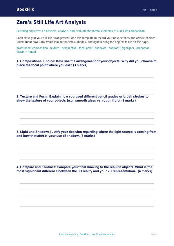 Free Still Life Template | Class 4 | Art | BookFlik worksheet preview — Art Still Life