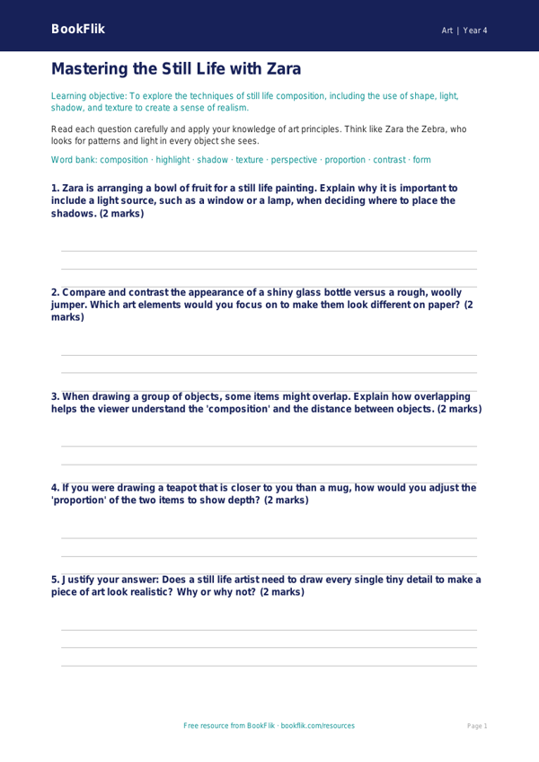 Free Still Life Worksheet | Class 4 | Art | BookFlik worksheet preview — Art Still Life