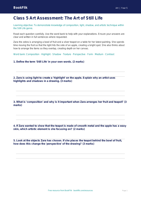 Free Still Life Assessment | Class 5 | Art | BookFlik worksheet preview — Art Still Life