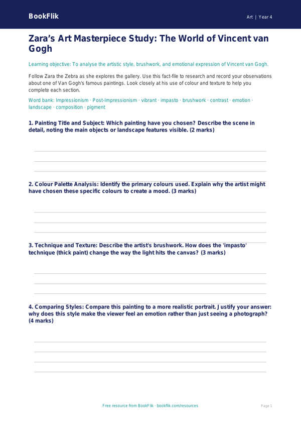 Van Gogh Art Lesson Plan for Class 4 | CBSE Art Curriculum worksheet preview — Art Van Gogh