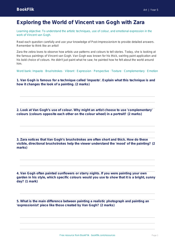 Free Van Gogh Worksheet | Class 5 | Art | BookFlik worksheet preview — Art Van Gogh