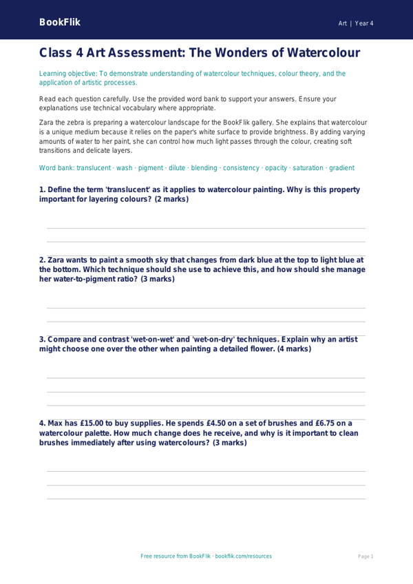 Watercolour Painting Assessment | Class 4 Art | CBSE Curriculum worksheet preview — Art Watercolour