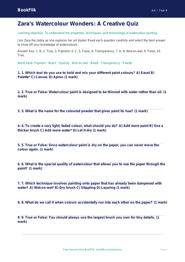 Free Watercolour Quiz | Class 4 | Art | BookFlik worksheet preview — Art Watercolour