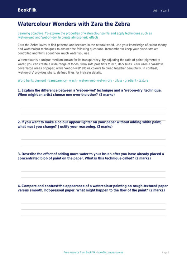 Free Watercolour Worksheet | Class 4 | Art | BookFlik worksheet preview — Art Watercolour