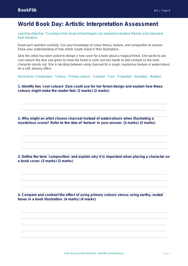 World Book Day Art Assessment for Class 4 | CBSE Curriculum | BookFlik worksheet preview — Art World Book Day Art