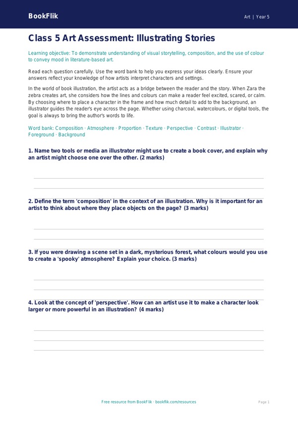 World Book Day Art Assessment for Class 5 | CBSE Art Activity worksheet preview — Art World Book Day Art