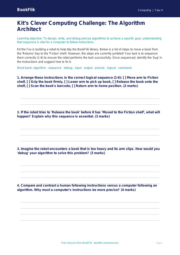 Free Algorithms Activity Sheet | Class 4 | Computing | BookFlik worksheet preview — Computing Algorithms