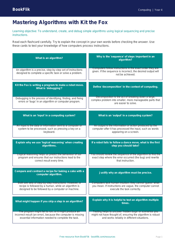 Free Algorithms Flashcards | Class 4 | Computing | BookFlik worksheet preview — Computing Algorithms