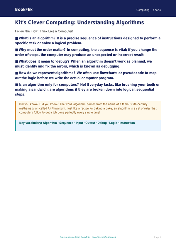 Free Algorithms Poster | Class 4 | Computing | BookFlik worksheet preview — Computing Algorithms