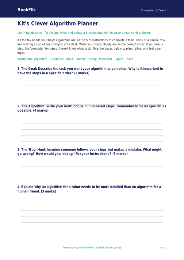 Free Algorithms Template | Class 4 | Computing | BookFlik worksheet preview — Computing Algorithms