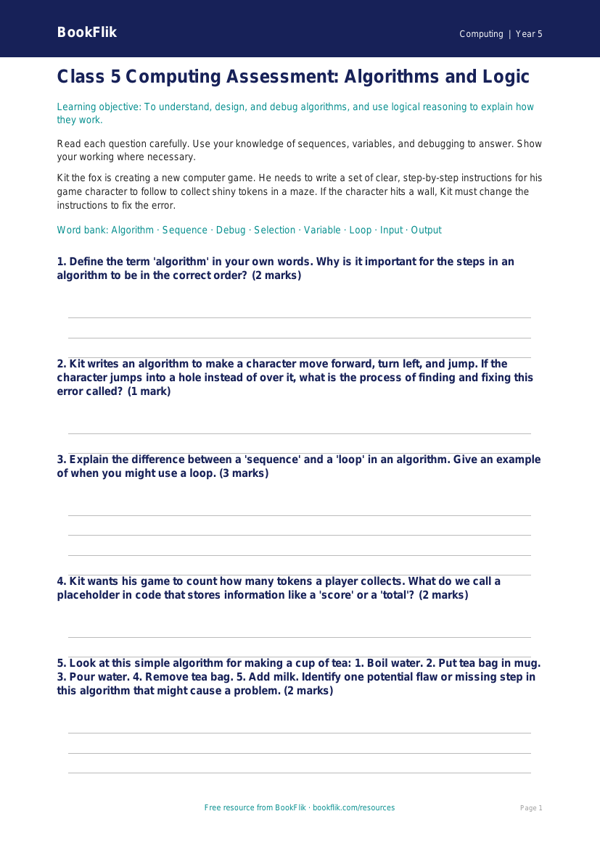 Free Algorithms Assessment | Class 5 | Computing | BookFlik worksheet preview — Computing Algorithms