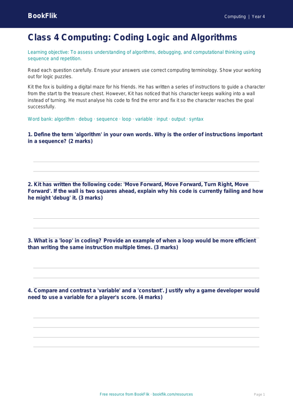 Free Coding Assessment | Class 4 | Computing | BookFlik worksheet preview — Computing Coding