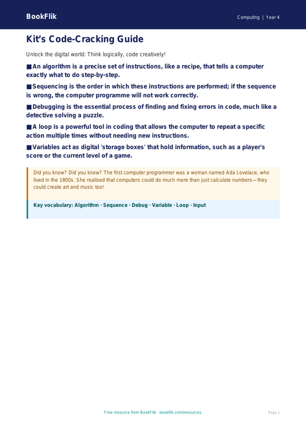 Free Coding Poster | Class 4 | Computing | BookFlik worksheet preview — Computing Coding