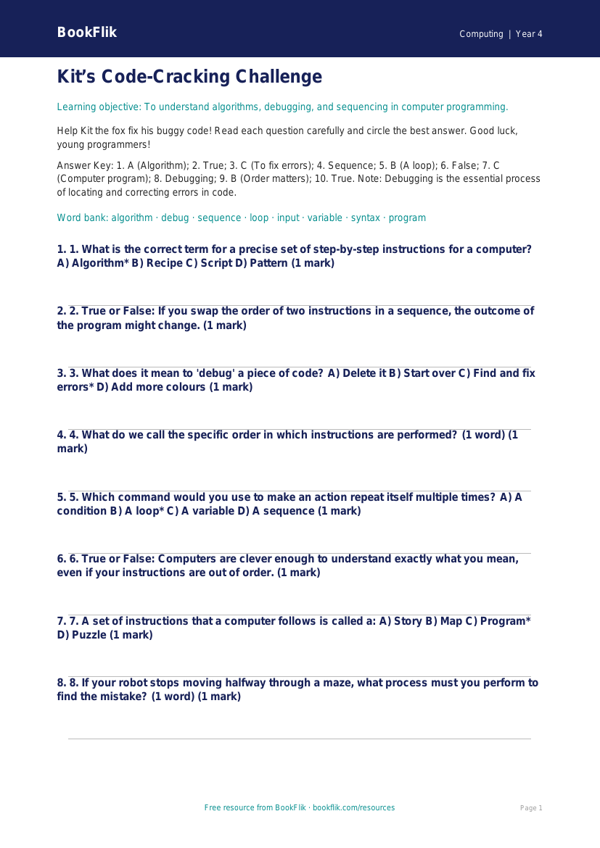 Coding Quiz for Class 4 | CBSE Computing | BookFlik worksheet preview — Computing Coding