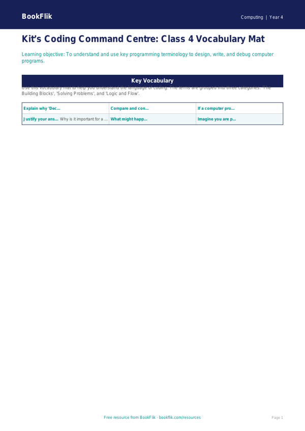 Free Coding Word Mat | Class 4 | Computing | BookFlik worksheet preview — Computing Coding