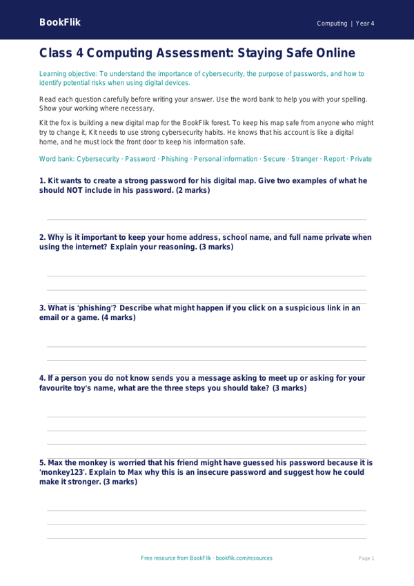 Computing cybersecurity assessment class 4 core worksheet preview — Computing Cybersecurity