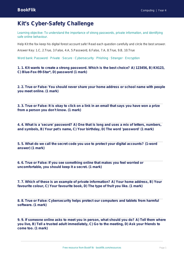 Computing cybersecurity quiz class 4 core worksheet preview — Computing Cybersecurity