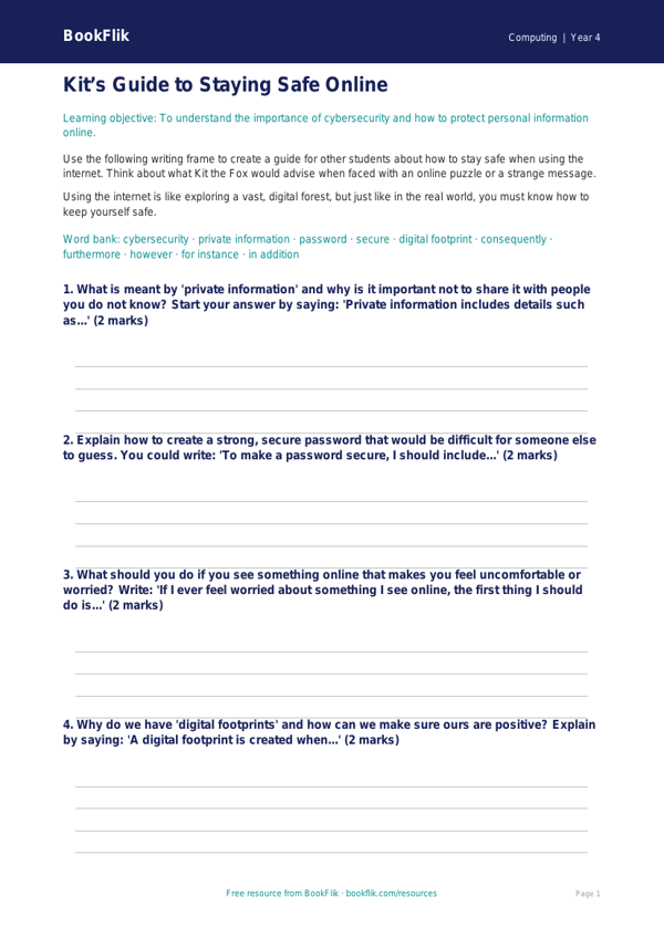 Free Cybersecurity Writing Frame | Class 4 | Computing | BookFlik worksheet preview — Computing Cybersecurity