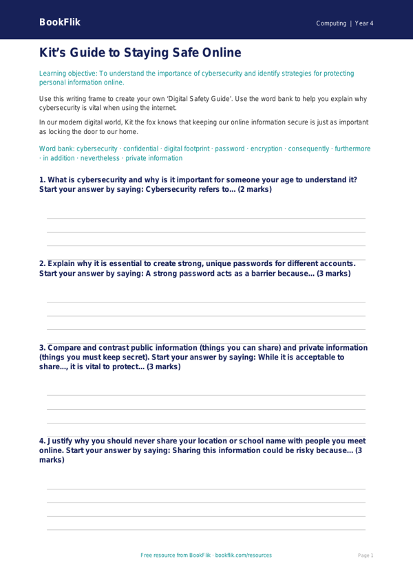 Free Cybersecurity Writing Frame | Class 4 | Computing | BookFlik worksheet preview — Computing Cybersecurity