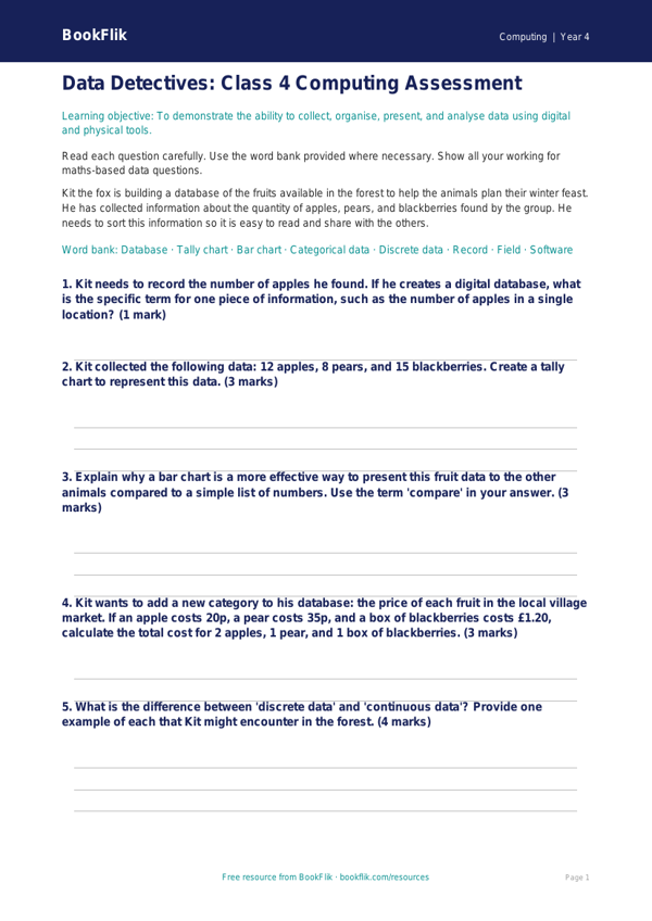 Free Data Handling Assessment | Class 4 | Computing | BookFlik worksheet preview — Computing Data Handling