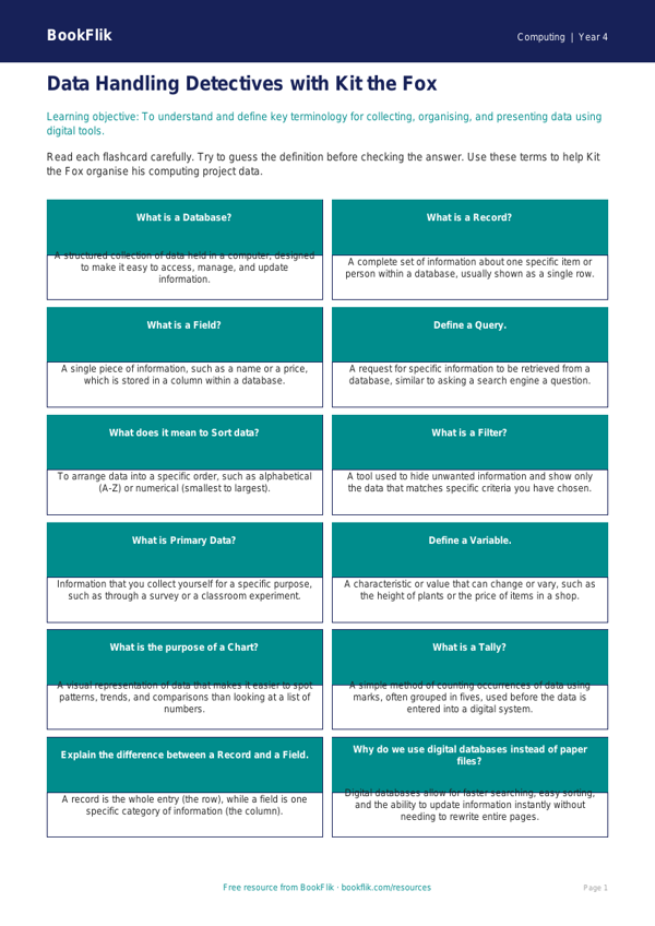 Data Handling Flashcards for Class 4 | CBSE Computing | BookFlik worksheet preview — Computing Data Handling