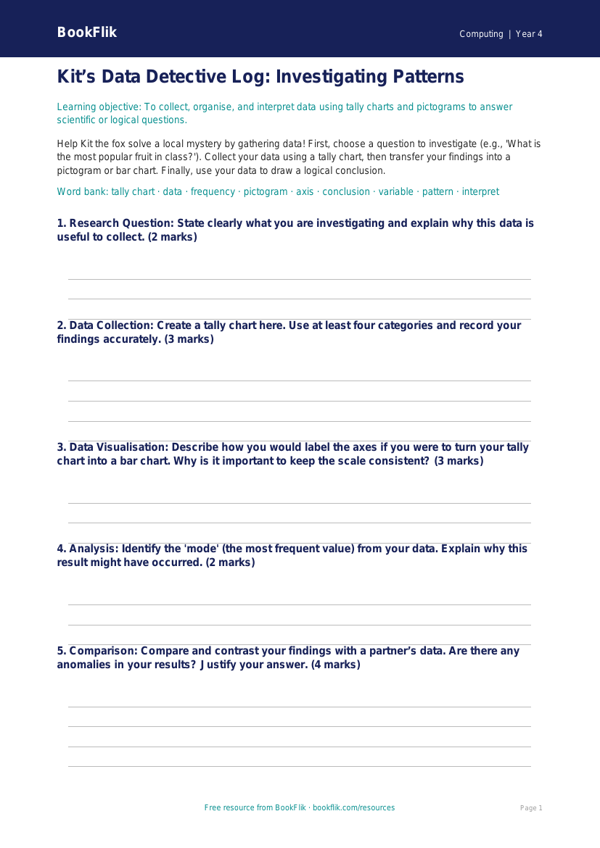 Free Data Handling Template | Class 4 | Computing | BookFlik worksheet preview — Computing Data Handling