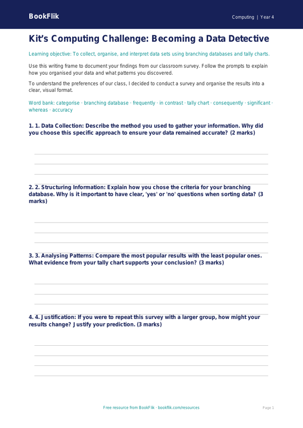 Free Data Handling Writing Frame | Class 4 | Computing | BookFlik worksheet preview — Computing Data Handling