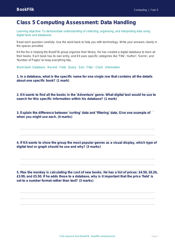 Free Data Handling Assessment | Class 5 | Computing | BookFlik worksheet preview — Computing Data Handling