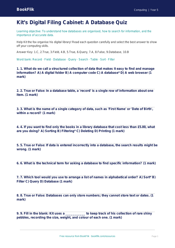 Free Databases Quiz | Class 5 | Computing | BookFlik worksheet preview — Computing Databases