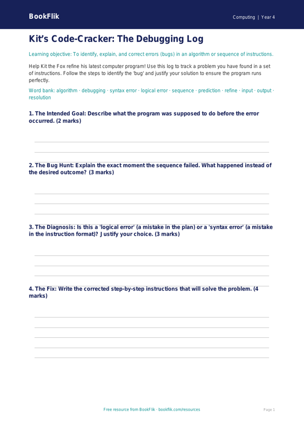 Free Debugging Template | Class 4 | Computing | BookFlik worksheet preview — Computing Debugging