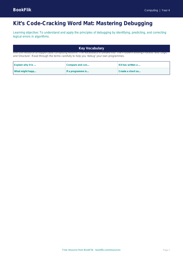 Debugging Word Mat for Class 4 | Computing Resources | BookFlik worksheet preview — Computing Debugging