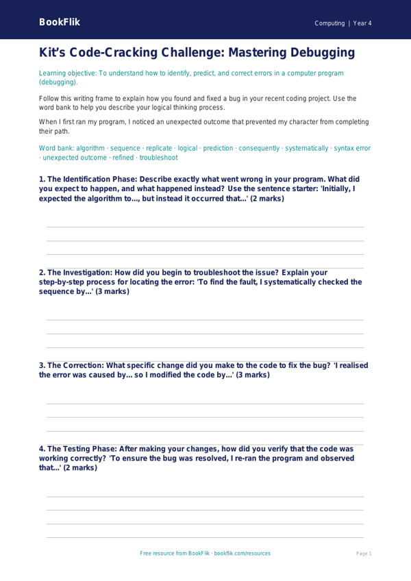 Free Debugging Writing Frame | Class 4 | Computing | BookFlik worksheet preview — Computing Debugging