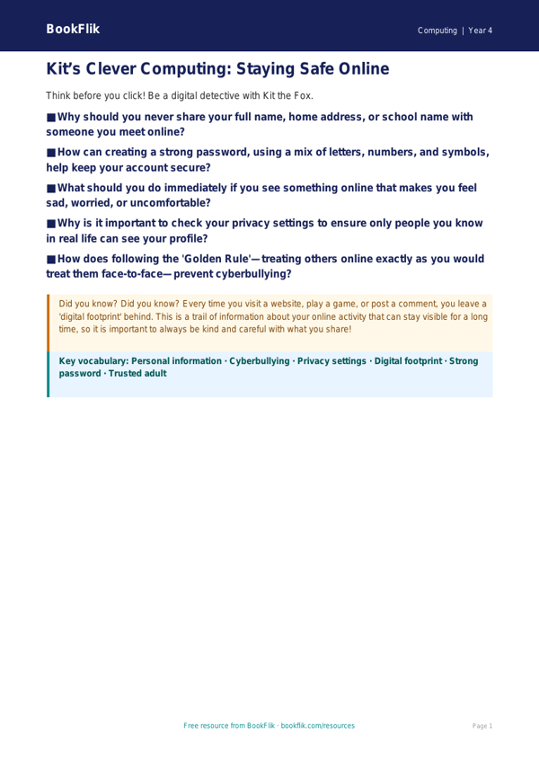 E-Safety Poster Activity for Class 4 | Computing CBSE | BookFlik worksheet preview — Computing E Safety