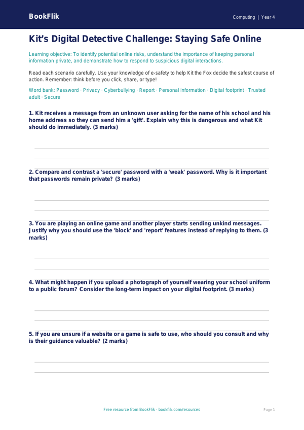 Free E-Safety Worksheet | Class 4 | Computing | BookFlik worksheet preview — Computing E Safety