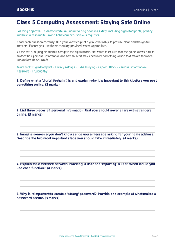 Free E-Safety Assessment for Class 5 | CBSE Computing | BookFlik worksheet preview — Computing E Safety