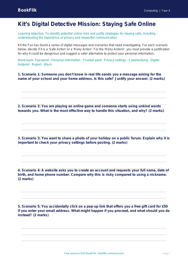 Free Internet Safety Activity Sheet | Class 4 | Computing | BookFlik worksheet preview — Computing Internet Safety
