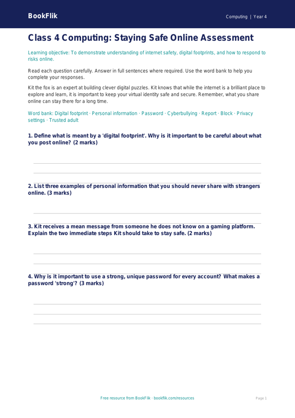 Internet Safety Assessment for Class 4 | CBSE Computing | BookFlik worksheet preview — Computing Internet Safety