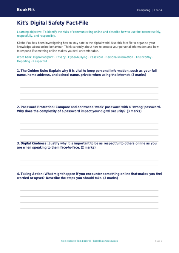 Internet Safety Template for Class 4 | CBSE Computing | BookFlik worksheet preview — Computing Internet Safety