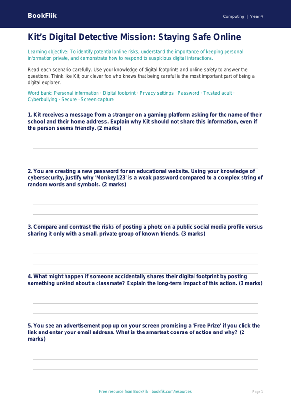 Internet Safety Worksheet for Class 4 | CBSE Computing | BookFlik worksheet preview — Computing Internet Safety