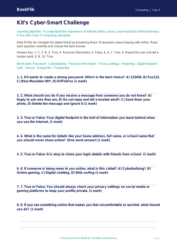 Free Internet Safety Quiz | Class 5 | Computing | BookFlik worksheet preview — Computing Internet Safety